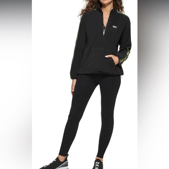 DKNY Black logo tape fleece pullover Sweatshirt with Neon Accents , - Picture 8 of 10